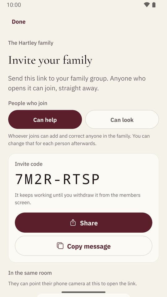 Inviting the family with a link and a code