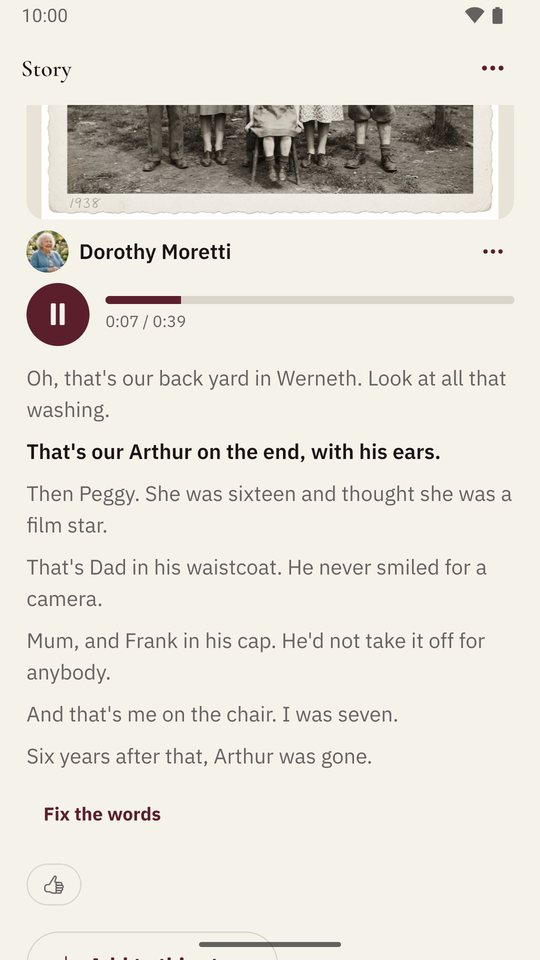Dorothy Moretti naming everyone in an old photo, the words following her voice